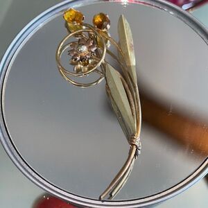 Vtg PR ST CO 12 K gold on sterling flower brooch lapel pin with amber stones